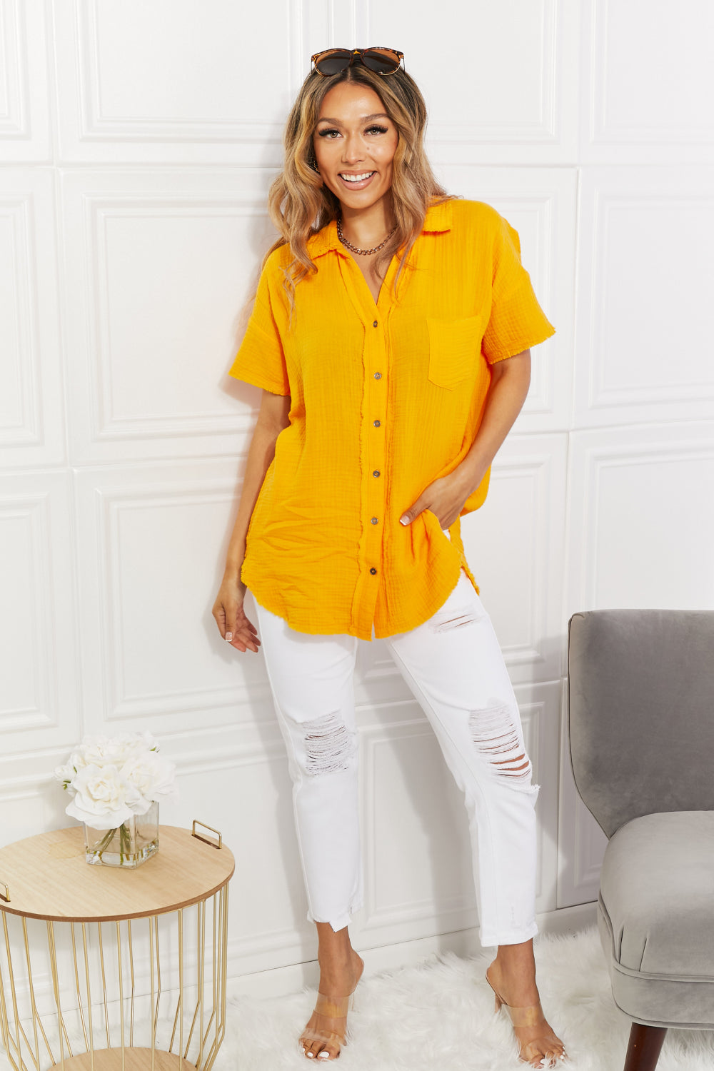 Gauze Short Sleeve Shirt in Mustard - Tigbul's Fashion