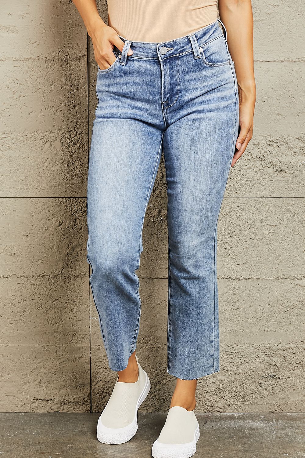 Medium Blue Wash Mid Rise Cropped Slim Jeans - Tigbul's Fashion
