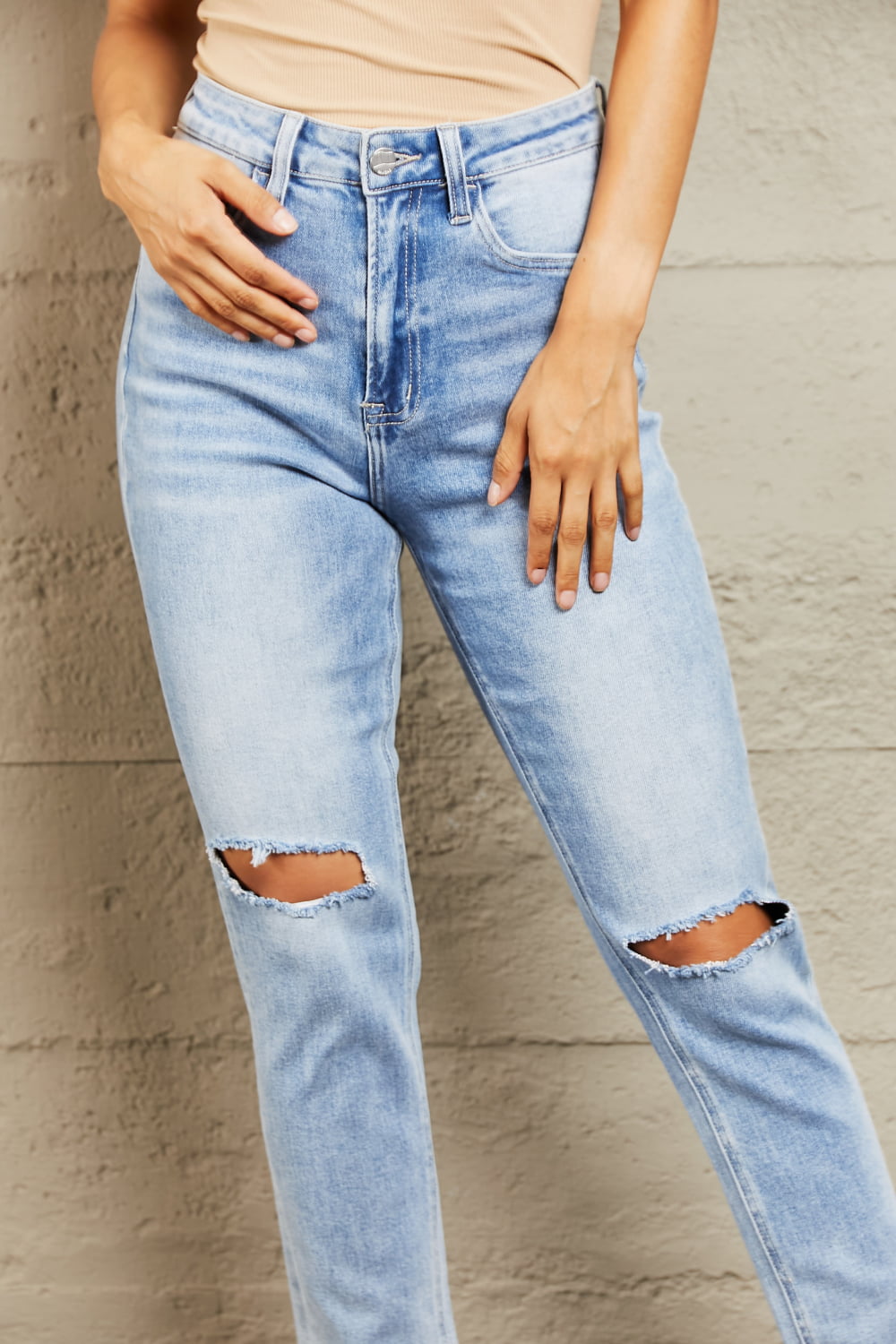 High Waisted Distressed Slim Cropped Blue Jeans - Tigbul's Fashion