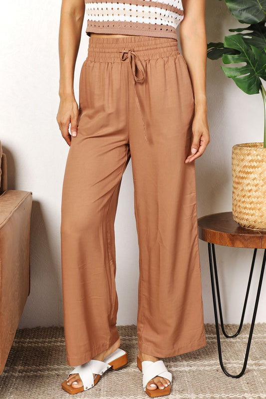 Double Take Drawstring Smocked Waist Wide Leg Pants - Tigbuls Fashion