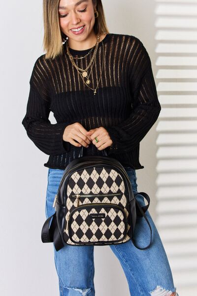 David Jones Argyle Pattern PU Leather Backpack - Tigbuls Variety Fashion