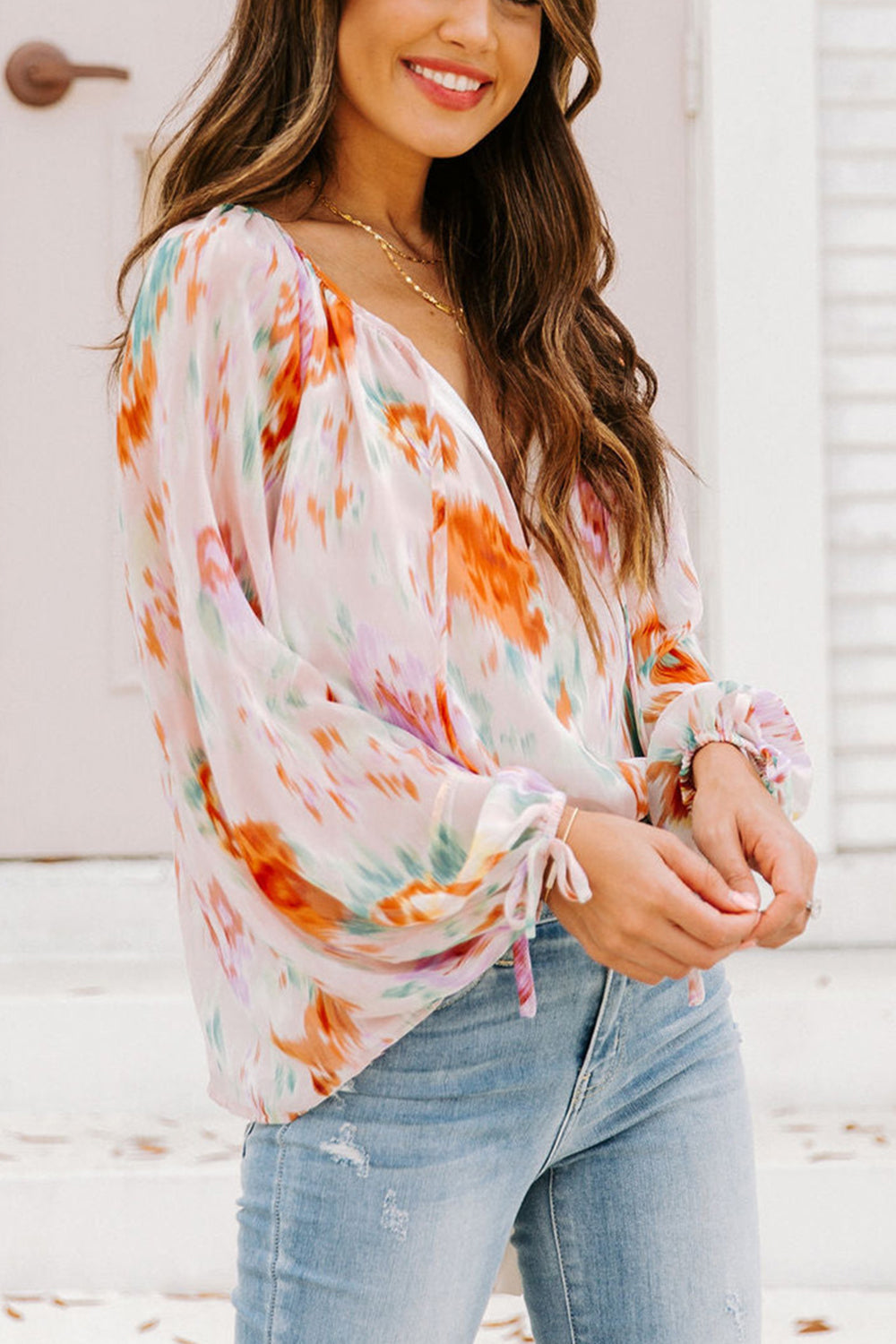 Printed Tie Neck Long Sleeve Blouse - Tigbuls Fashion