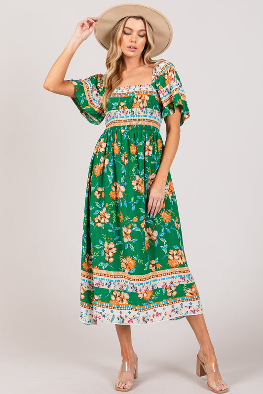 Printed Smocked Short Sleeve Midi Dress - Tigbuls Variety Fashion