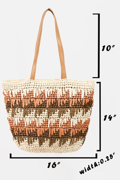 Fame Straw Braided Striped Tote Bag - Tigbuls Variety Fashion