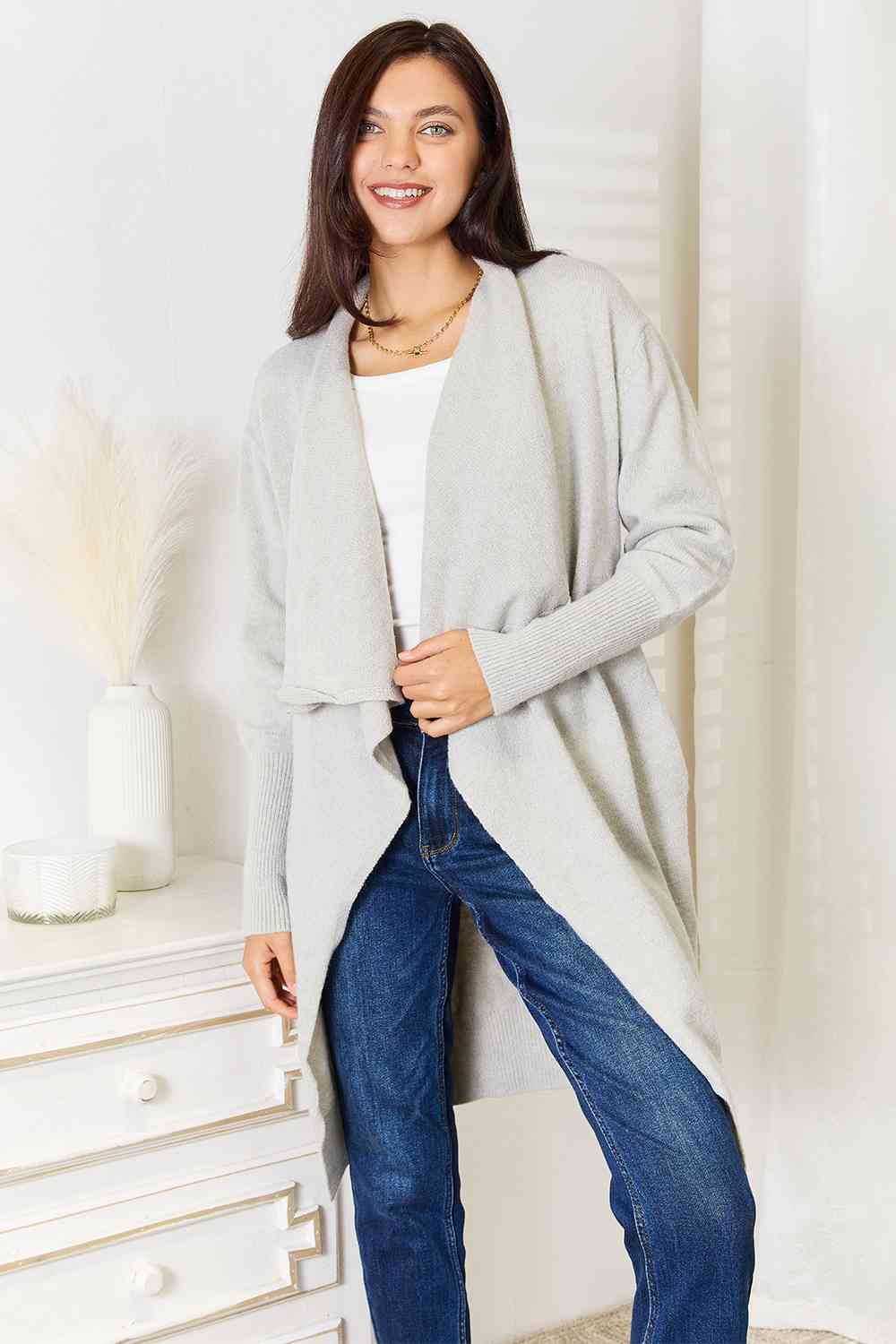 Double Take Open Front Duster Cardigan with Pockets - Tigbuls Variety Fashion