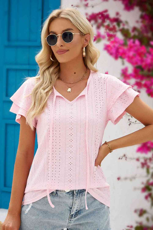 Eyelet Tie-Neck Flutter Sleeve Blouse - Tigbuls Variety Fashion