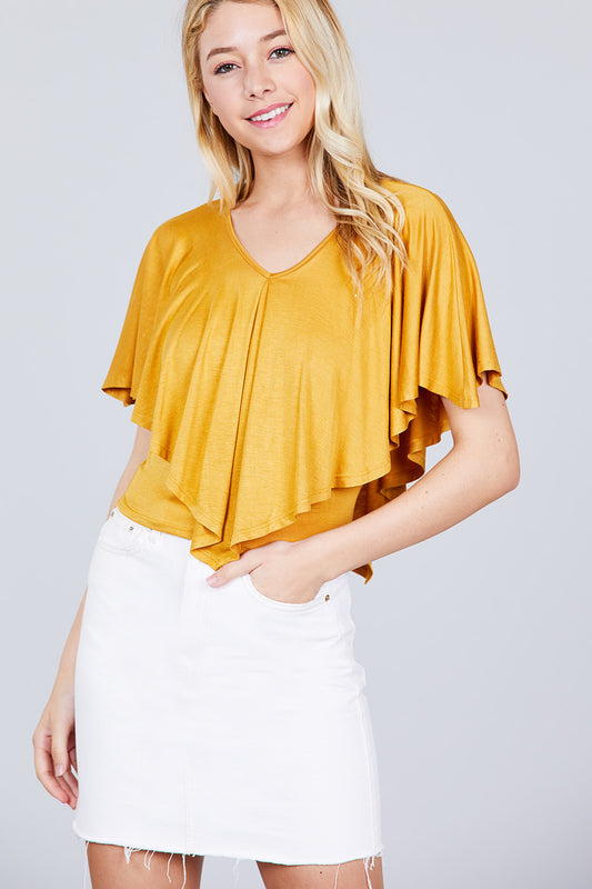 Women's Dark Mustard V-Neck Flounce Cape Top - Tigbul's Variety Fashion Shop