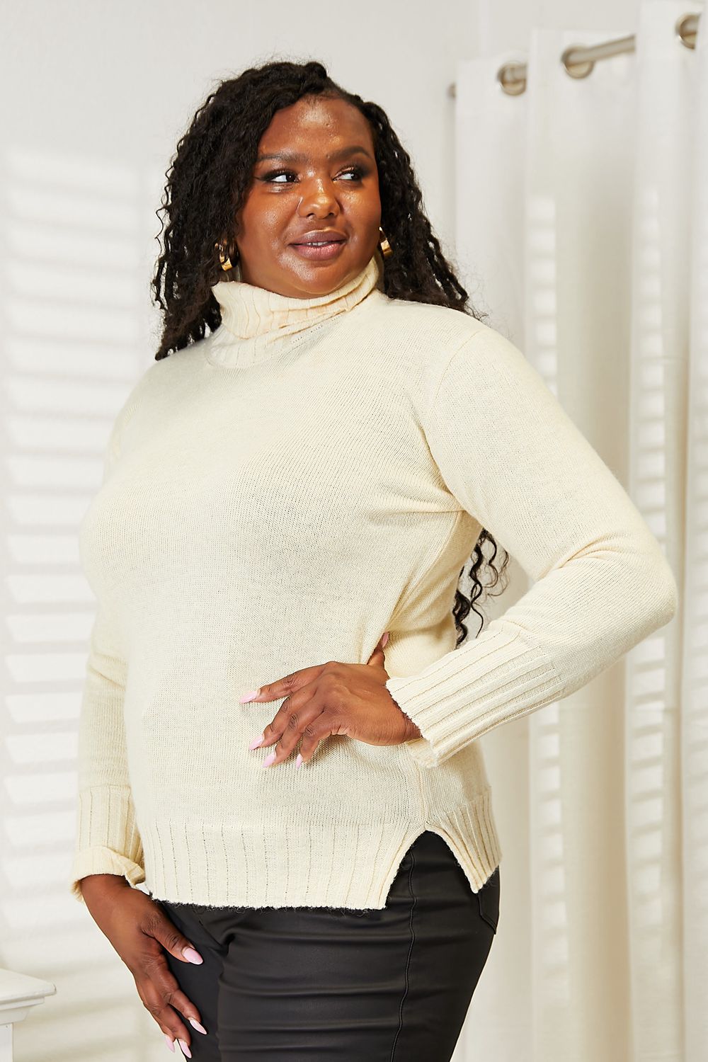 Heimish Full Size Long Sleeve Turtleneck Sweater with Side Slit - Tigbuls Fashion