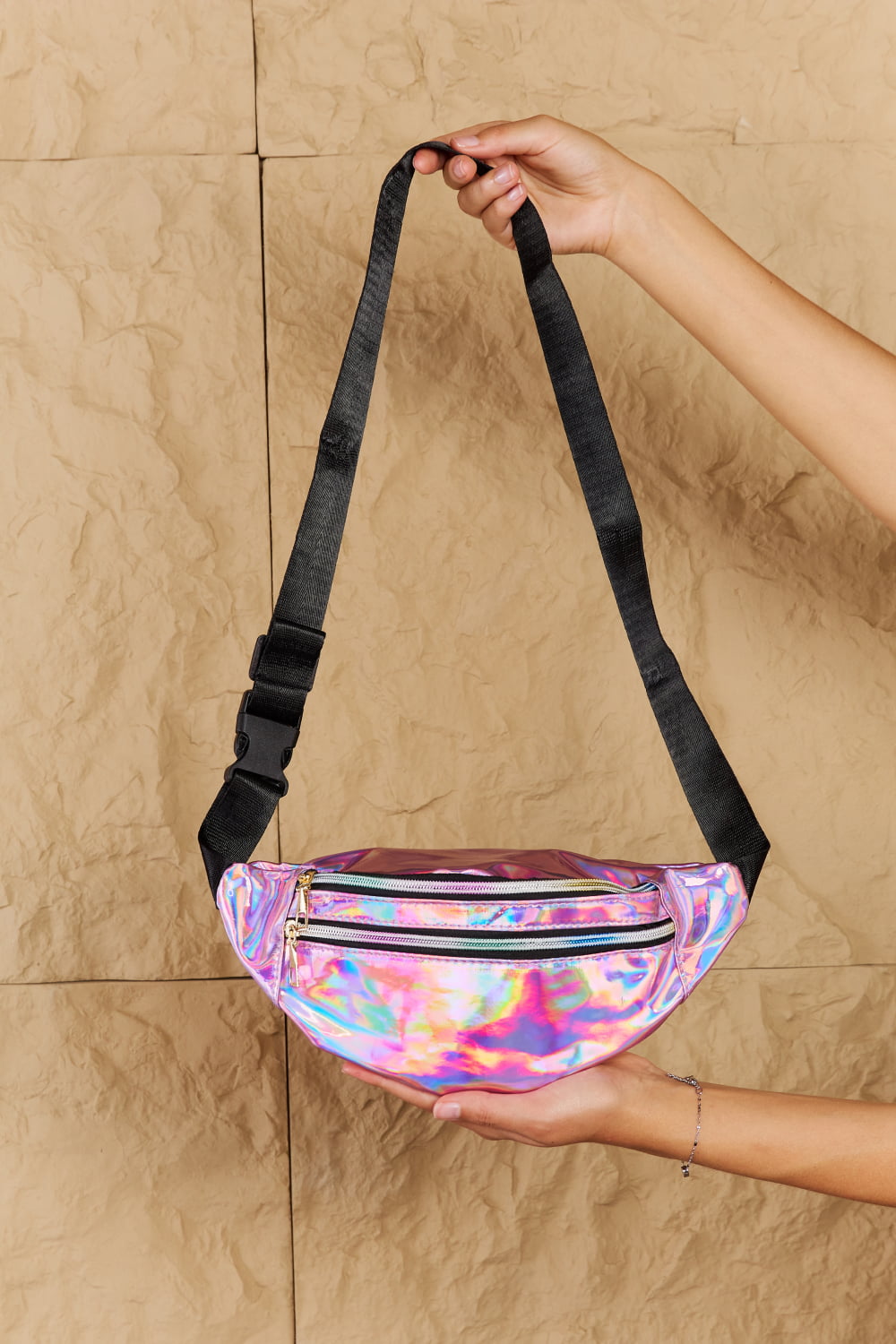 Fame Good Vibrations Holographic Double Zipper Fanny Pack in Hot Pink - Tigbul's Fashion