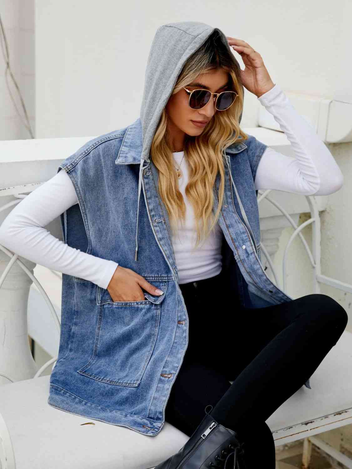 Hooded Sleeveless Denim Top with Pockets - Tigbuls Variety Fashion