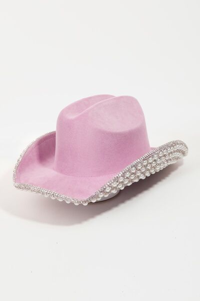Fame Pave Rhinestone Pearl Trim Cowboy Hat - Tigbuls Variety Fashion