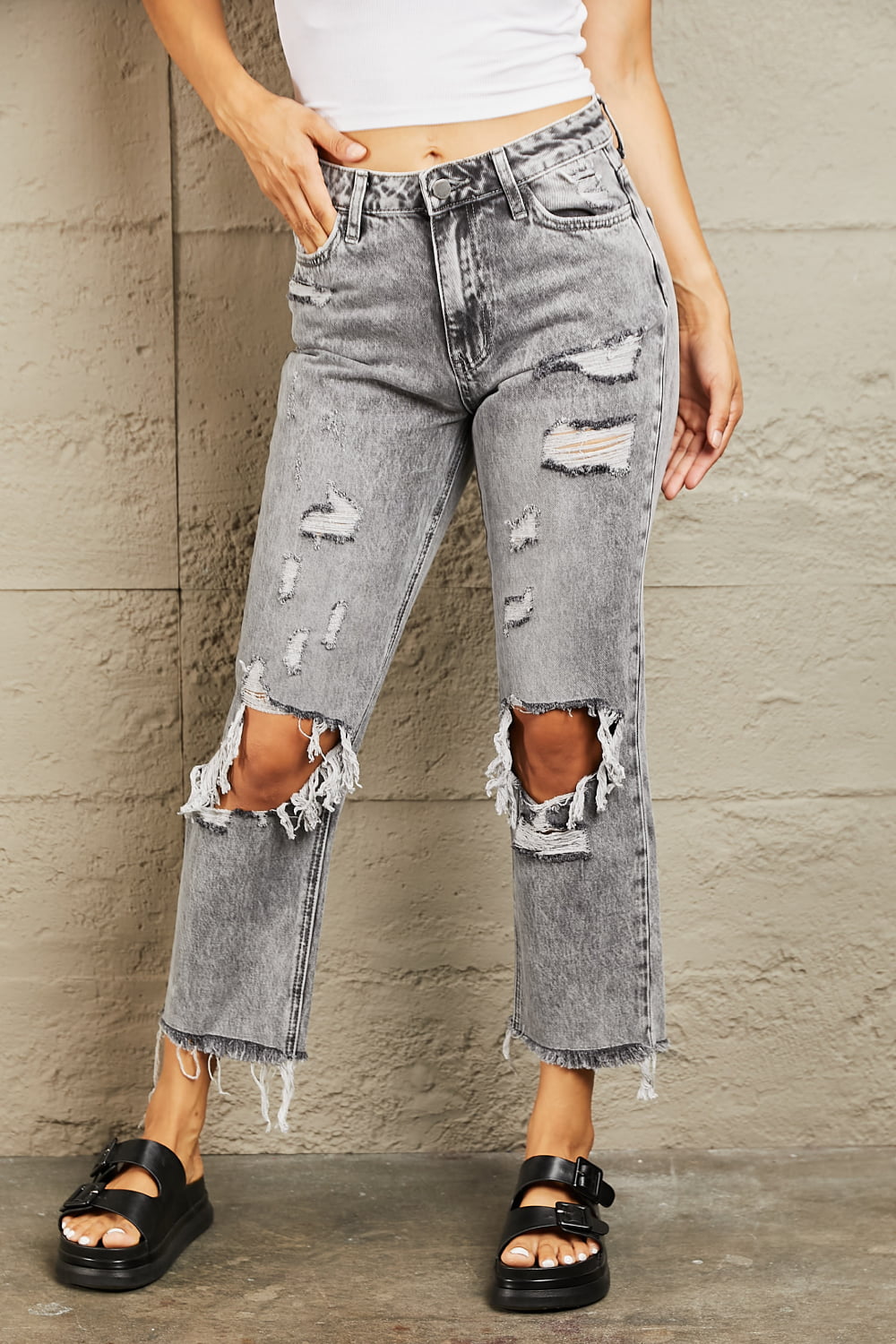 Gray Cropped Acid Wash Distressed Straight Jeans - Tigbul's Fashion