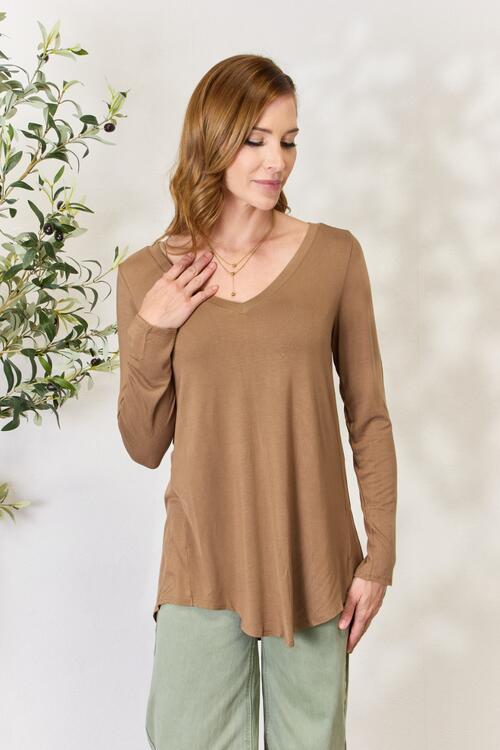 Casual Brown Long Sleeve V-Neck Top - Tigbuls Variety Fashion