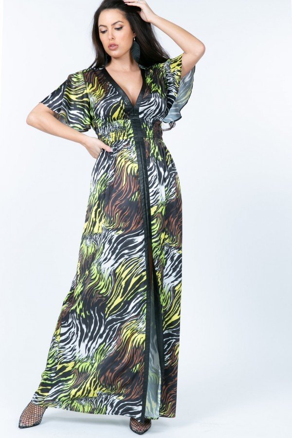 Tigbul's zebra print maxi dress with deep V-neck and front slit, buttoned look