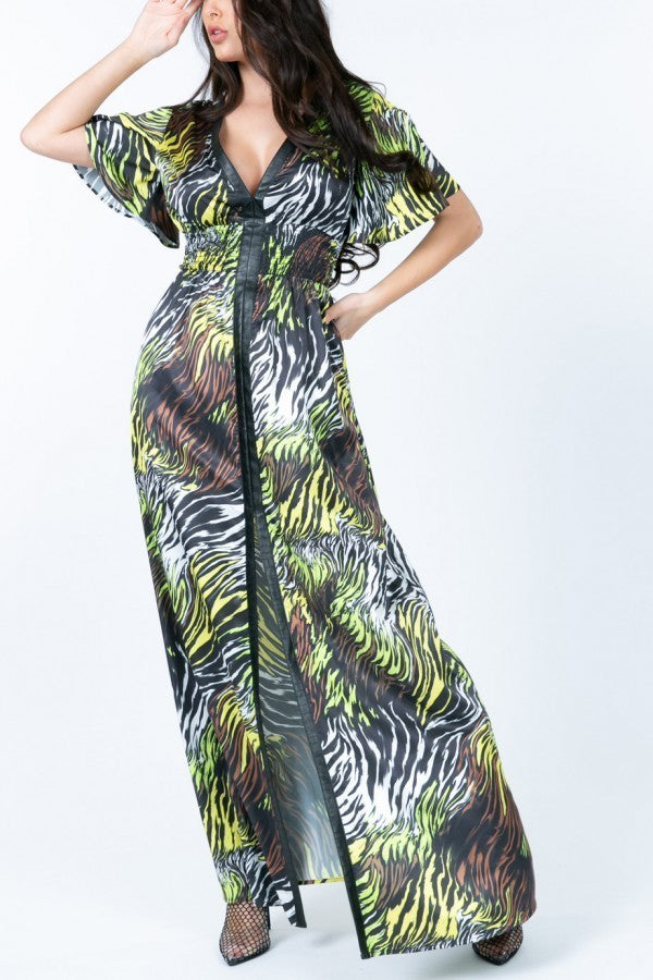 Long zebra print dress with deep V neckline and side slit, short sleeves