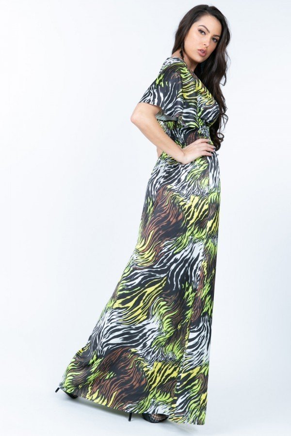 Zebra print maxi dress with deep V-neck and flowing front slit