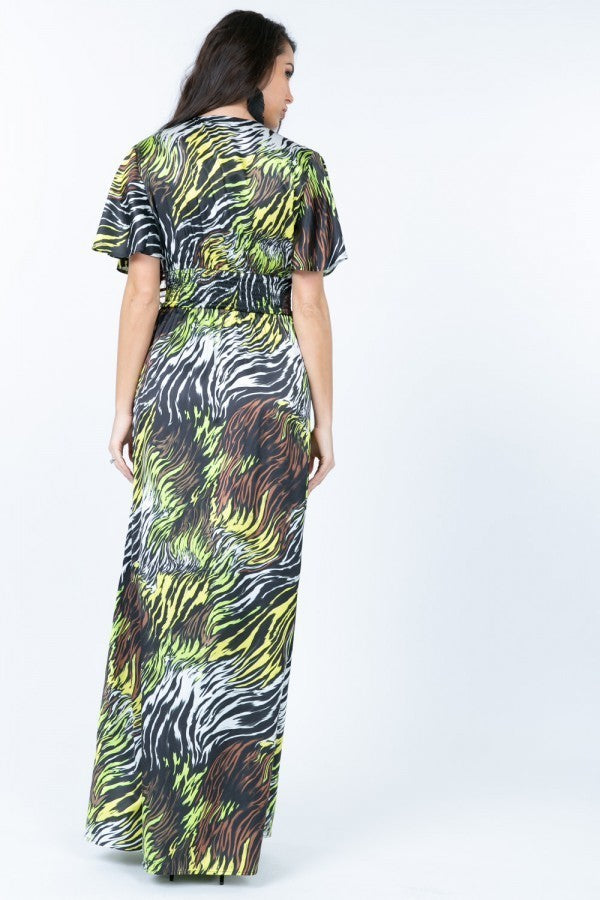 Back view: zebra print long maxi dress with short sleeves and waist seam