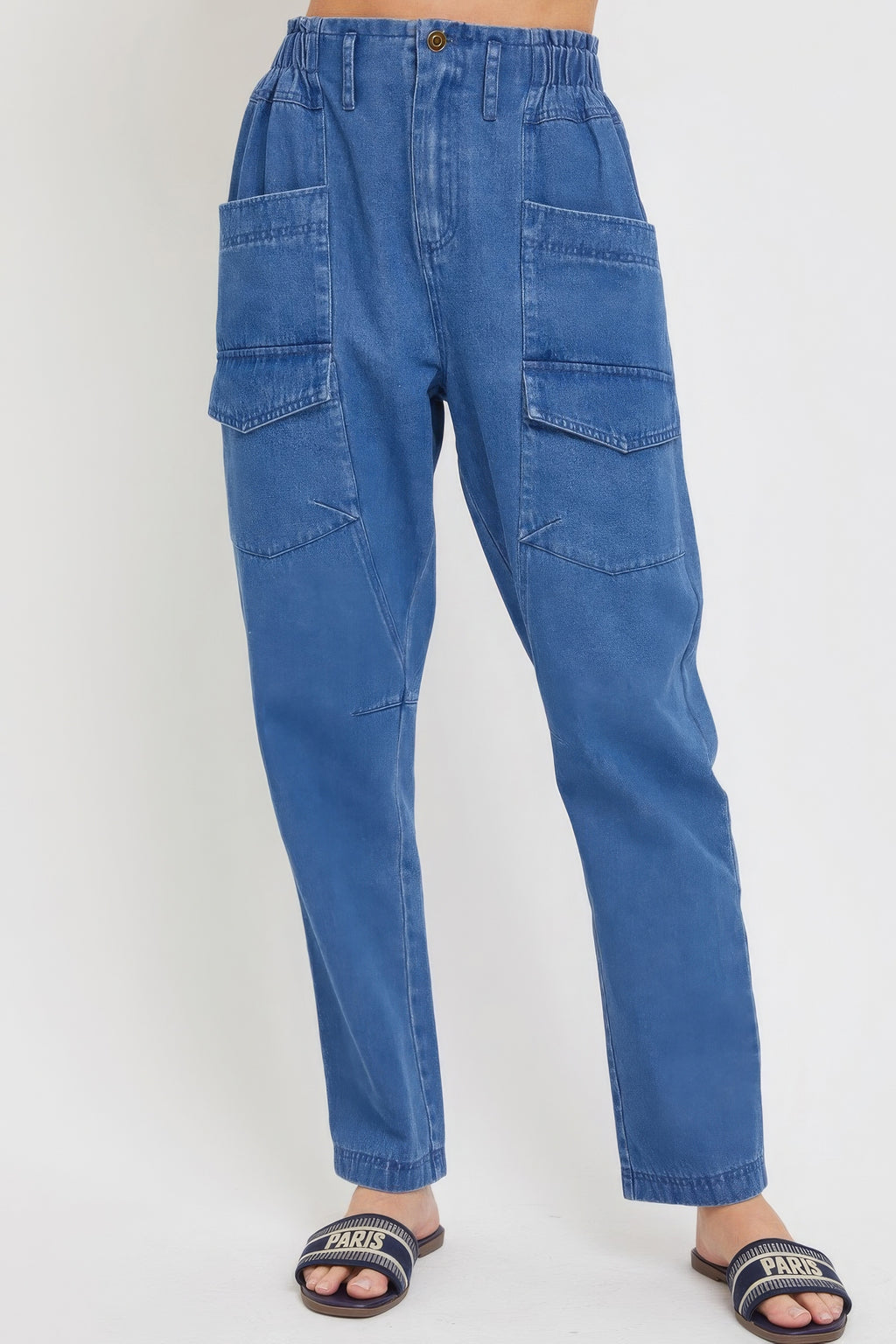 Denim-Joggerhose aus blauem Jeansstoff mit elastischem Bund und Taschen