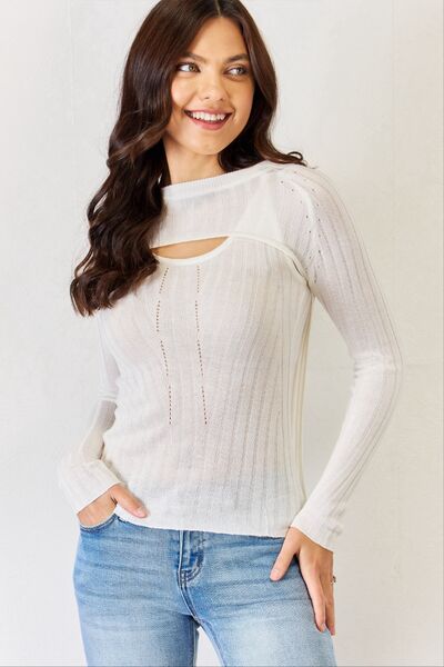 Cream Color Fitted Long Sleeve Cutout Top | Tigbuls Variety