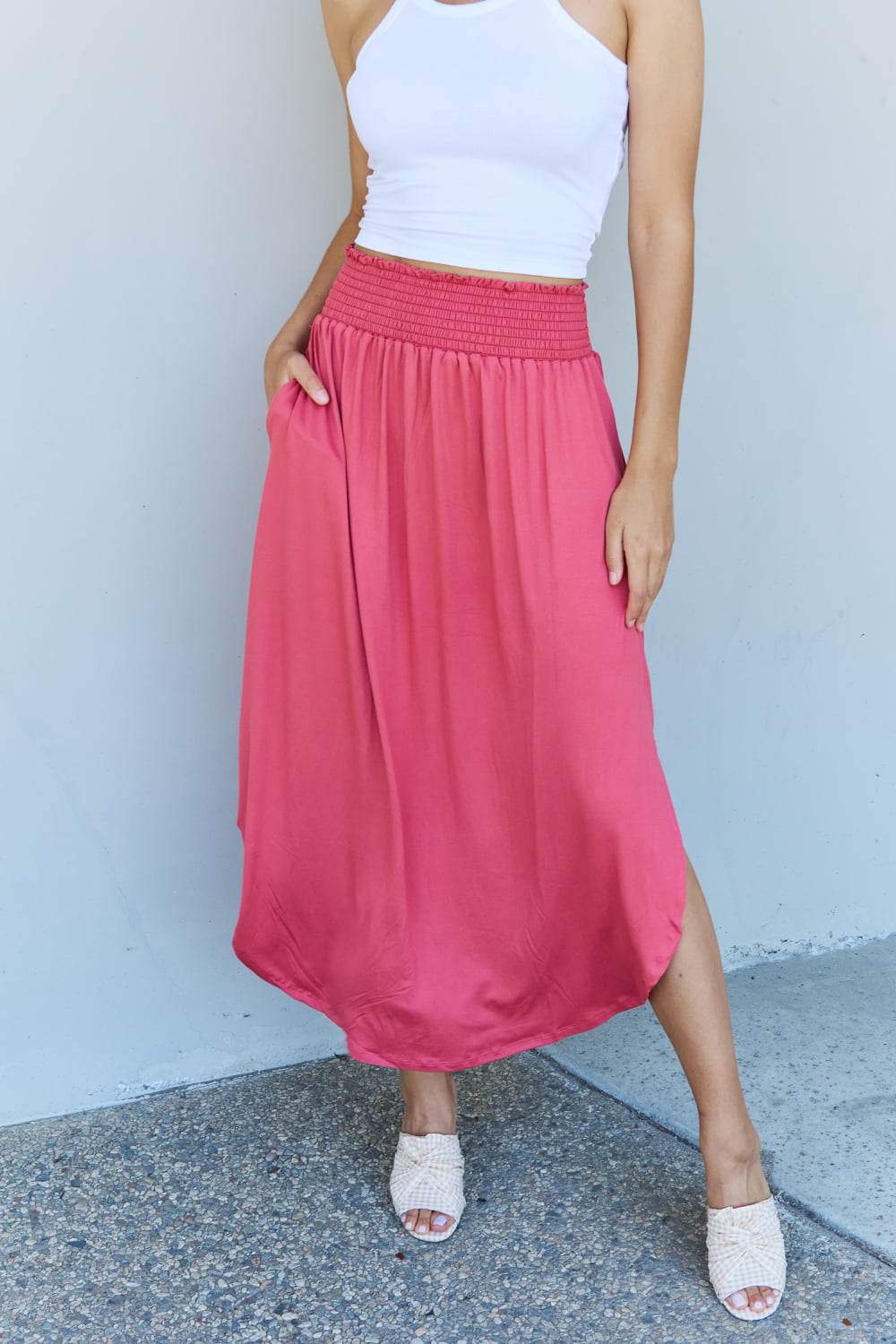 Doublju Comfort Princess Full Size High Waist Scoop Hem Maxi Skirt in Hot Pink - Tigbul's Fashion
