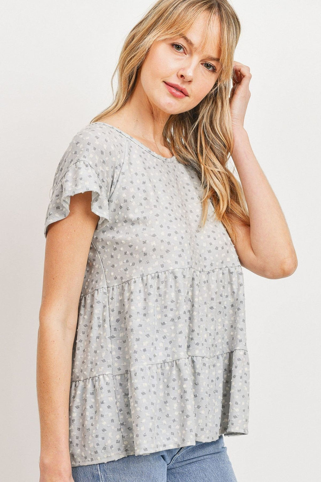 Kurzarm-Jersey-Top mit kleinem Dot-Print und Rüschenbahn
