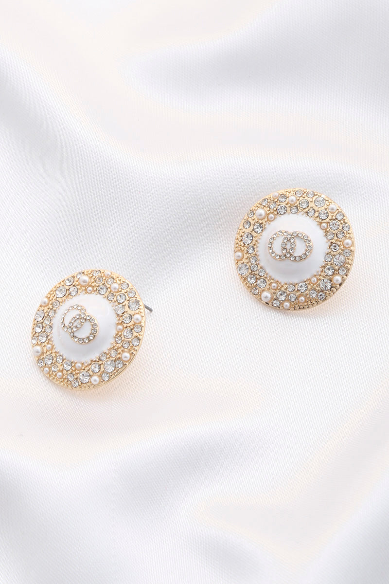 Double circle round metal earrings with white center and rhinestone outer ring