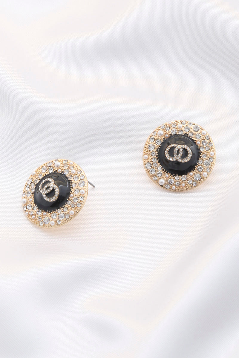 Double circle round metal earrings with black center and crystal rhinestone trim
