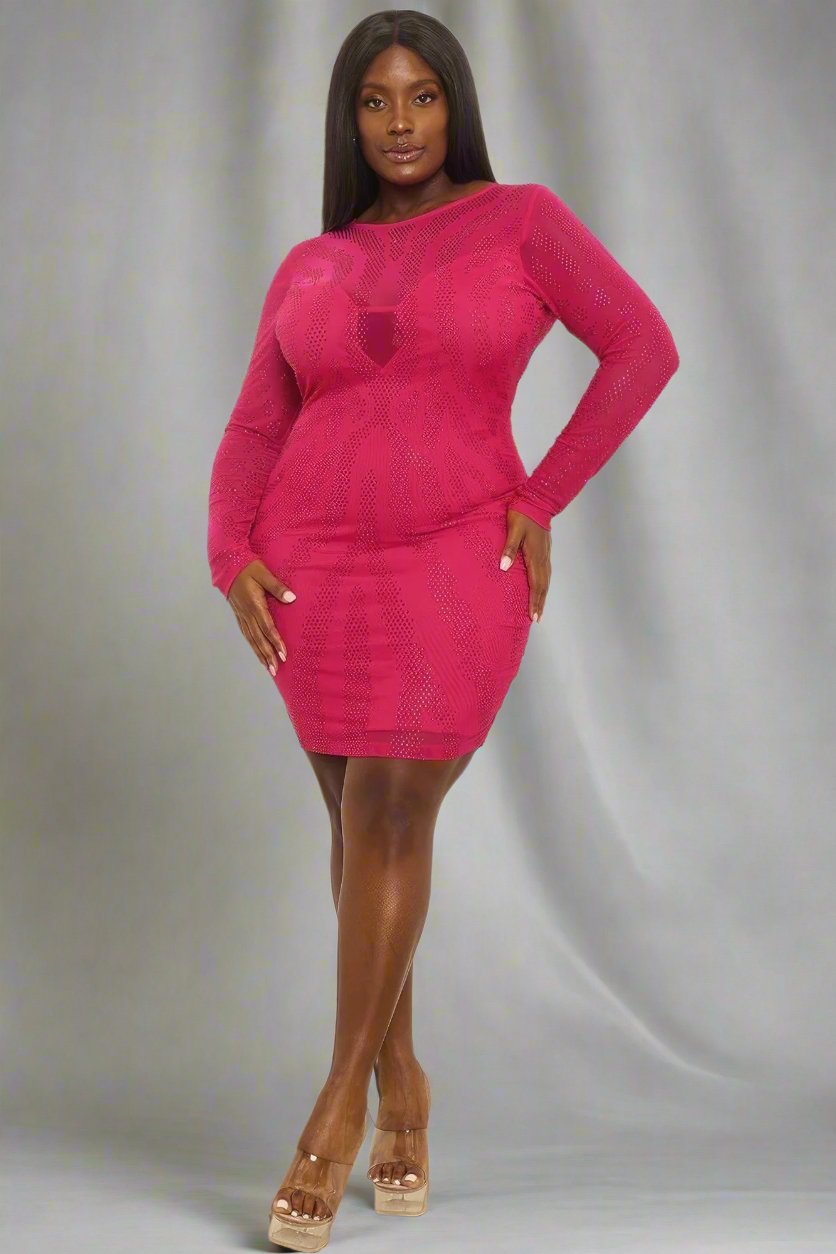 Magenta Rhinestone Mesh Plus Size Mini Dress - Tigbul's Variety Fashion Shop