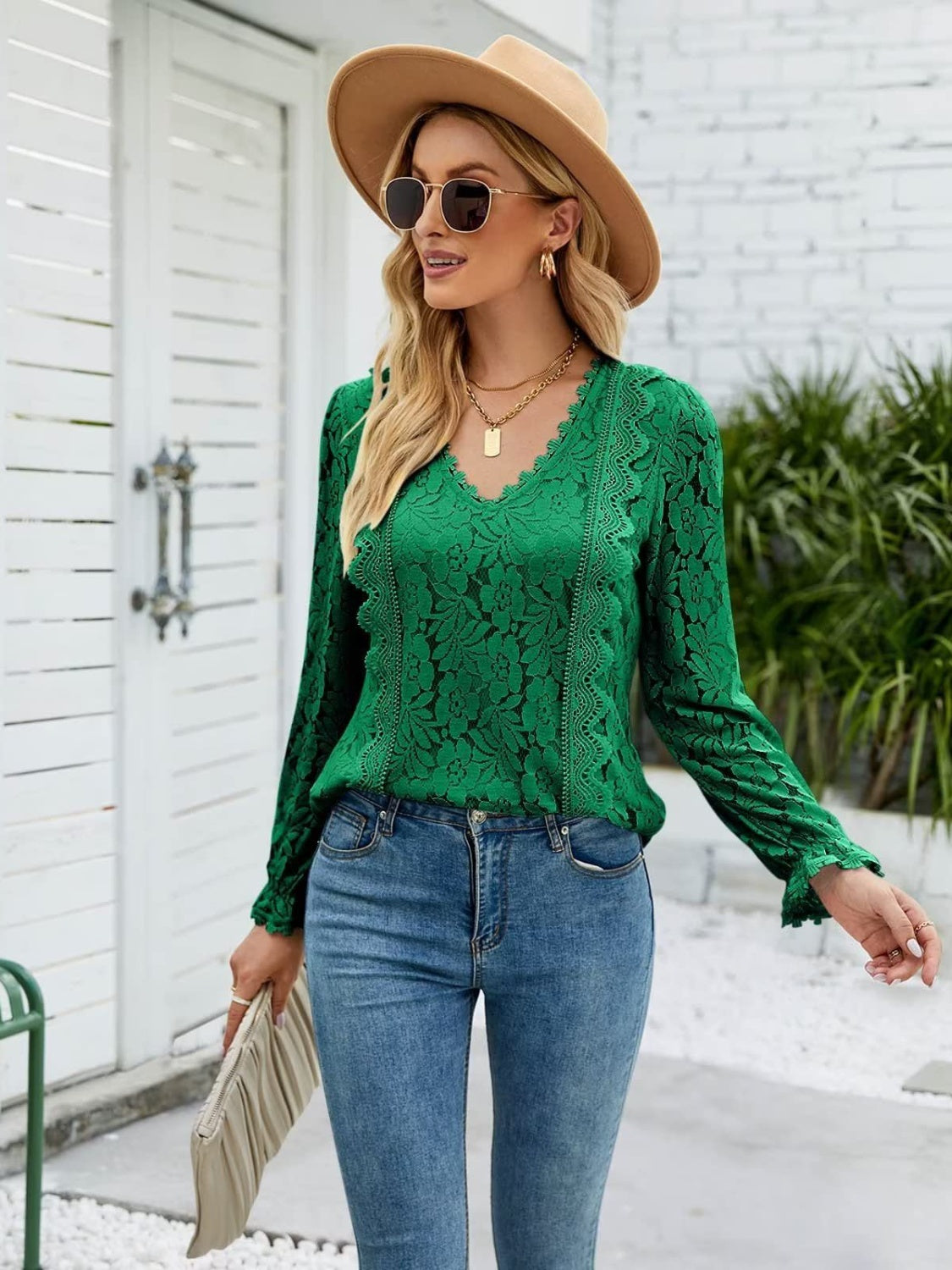 Lace V-Neck Flounce Sleeve Blouse - Tigbuls Variety Fashion