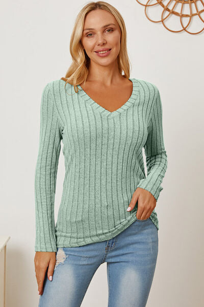 Basic Bae Full Size Ribbed V-Neck Long Sleeve T-Shirt - Tigbuls Variety Fashion