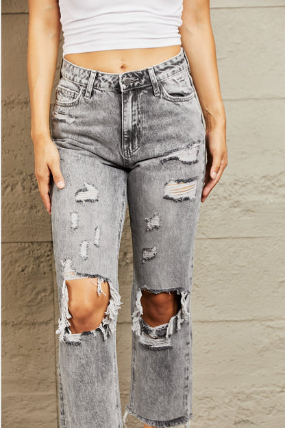 Gray Cropped Acid Wash Distressed Straight Jeans - Tigbul's Fashion