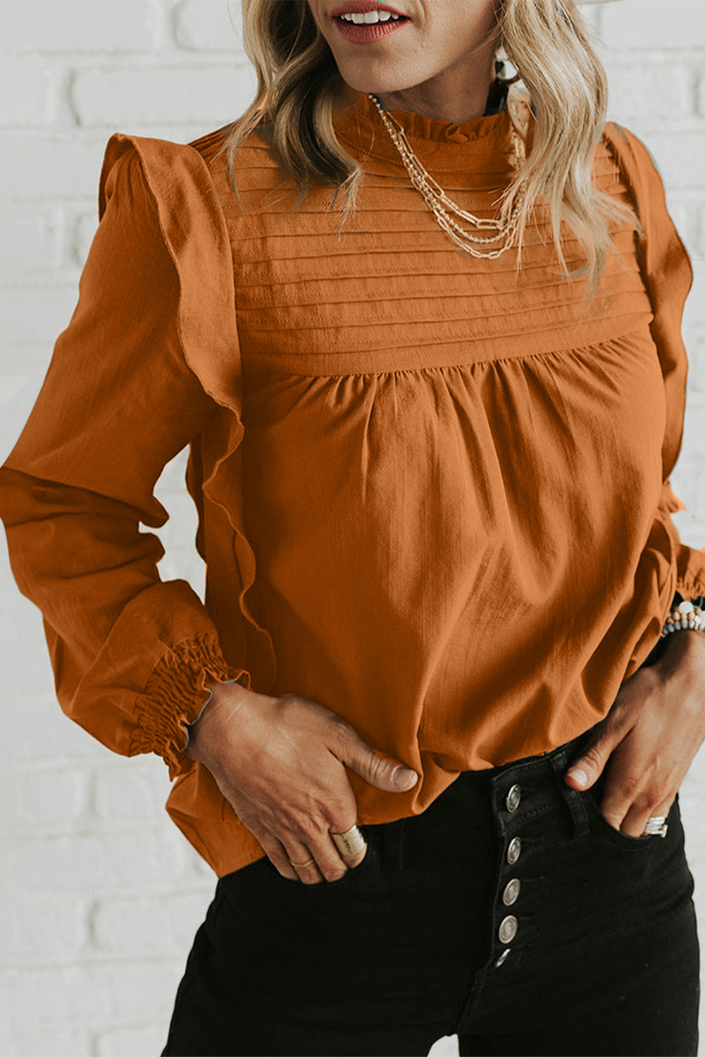 Ruffled Mock Neck Long Sleeve Blouse - Tigbuls Variety Fashion