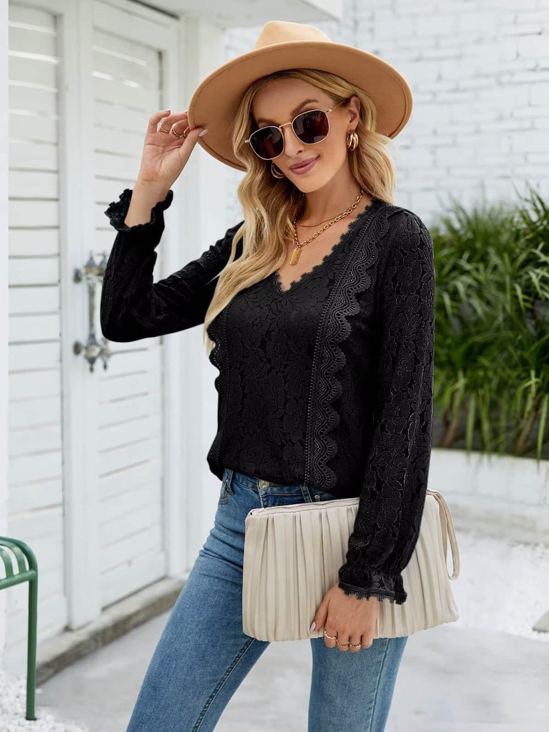 Lace V-Neck Flounce Sleeve Blouse - Tigbuls Variety Fashion