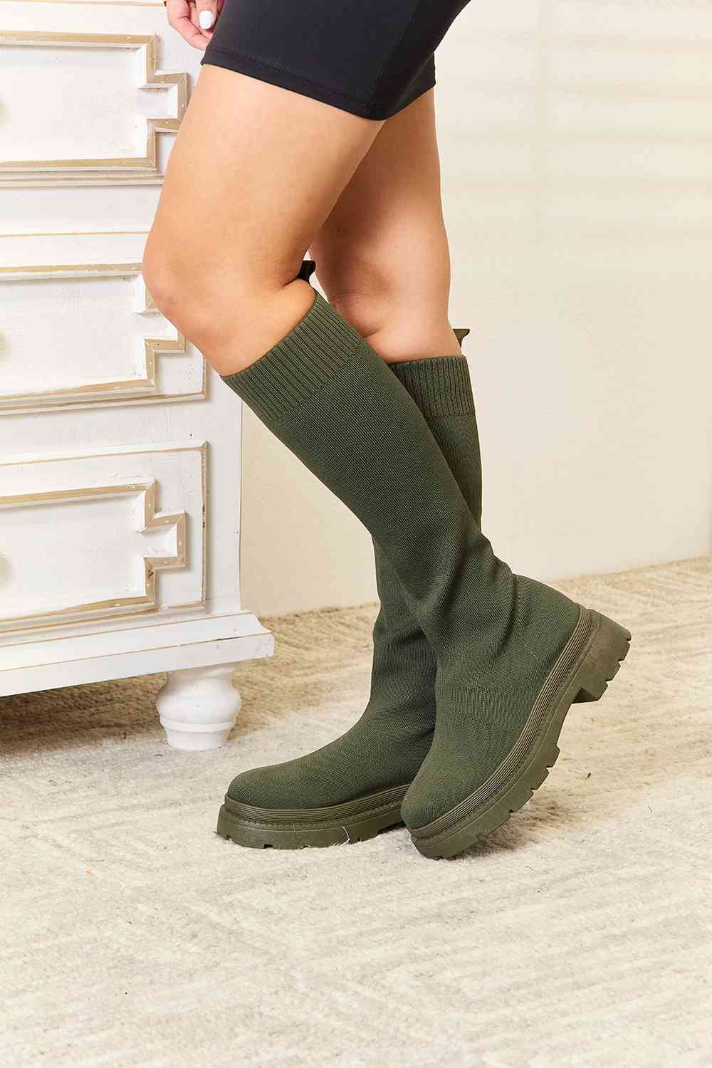  Olive Green Knee High Platform Sock Boots- Tigbuls Variety Fashion