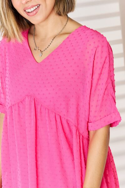 Zenana Swiss Dot Rolled Short Sleeve Babydoll Dress - Tigbuls Variety Fashion