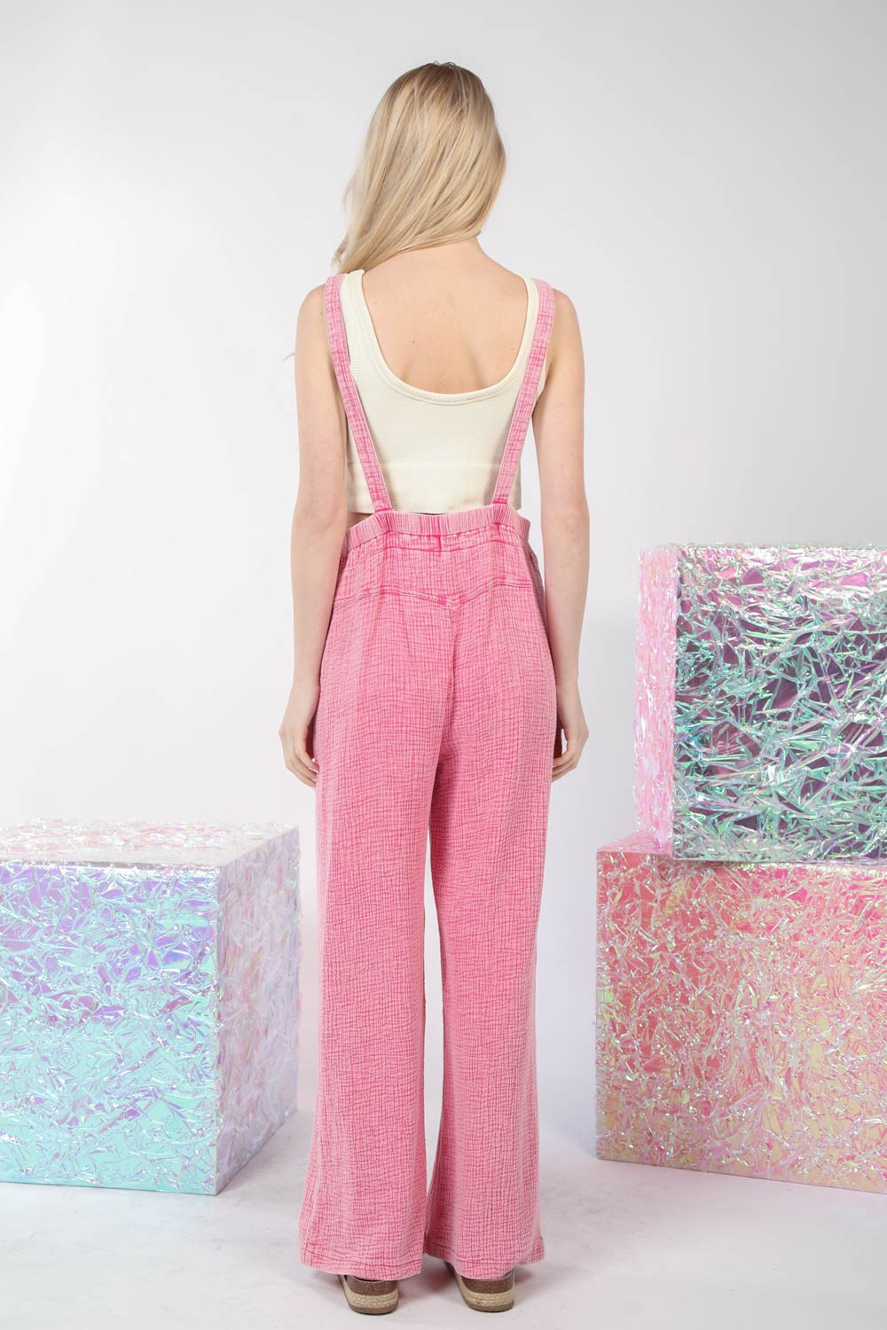 Hot Pink Texture Washed Wide Leg Overalls - Tigbuls Variety Fashion