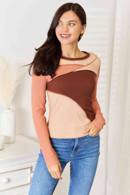 Double Take Color Block Exposed Seam Long Sleeve Top - Tigbuls Variety Fashion