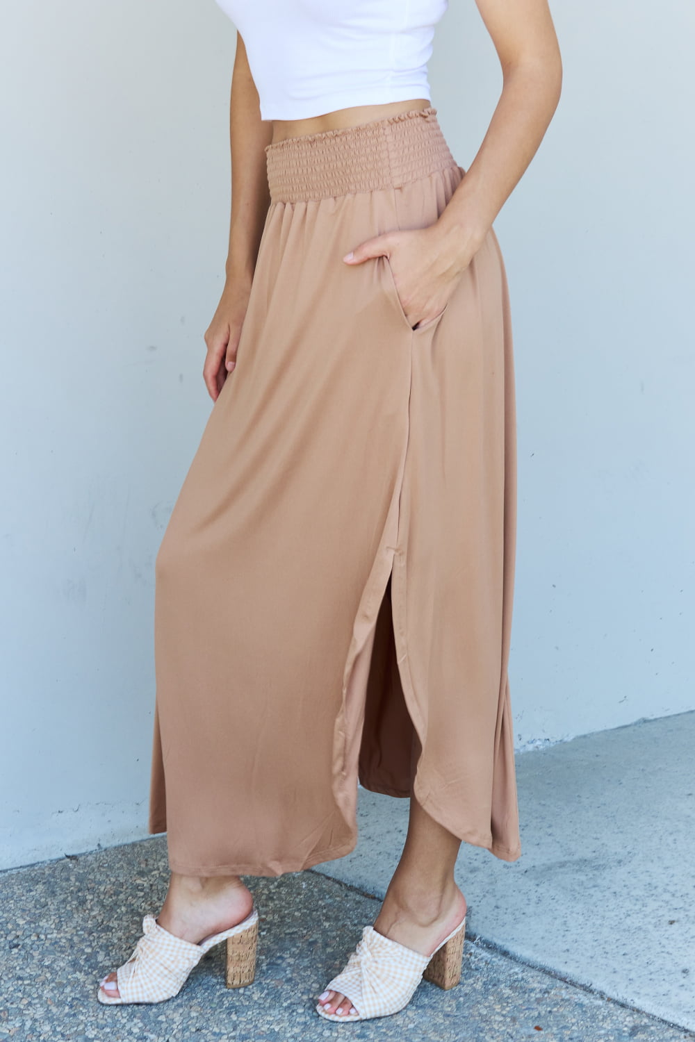 Doublju Comfort Princess Full Size High Waist Scoop Hem Maxi Skirt in Tan - Tigbul's Fashion
