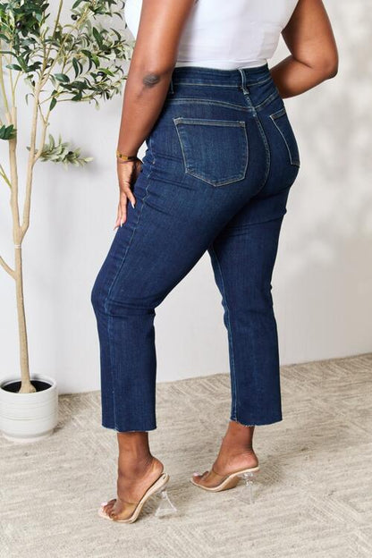 Solid Dark Wash Raw Hem Straight Jeans - Tigbuls Variety Fashion