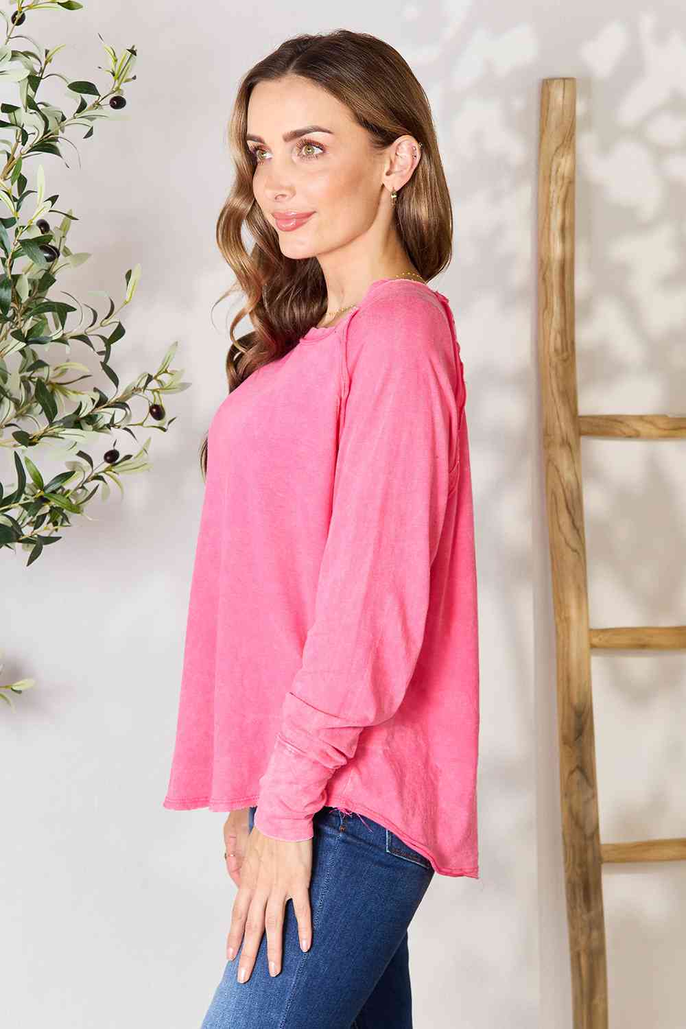 Round Neck Long Sleeve Top in Fuchsia | Tigbuls Variety Fashion