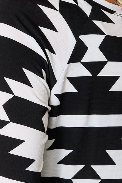 Black/White Geometric Notched Neck Long Sleeve Top - Tigbuls Variety Fashion
