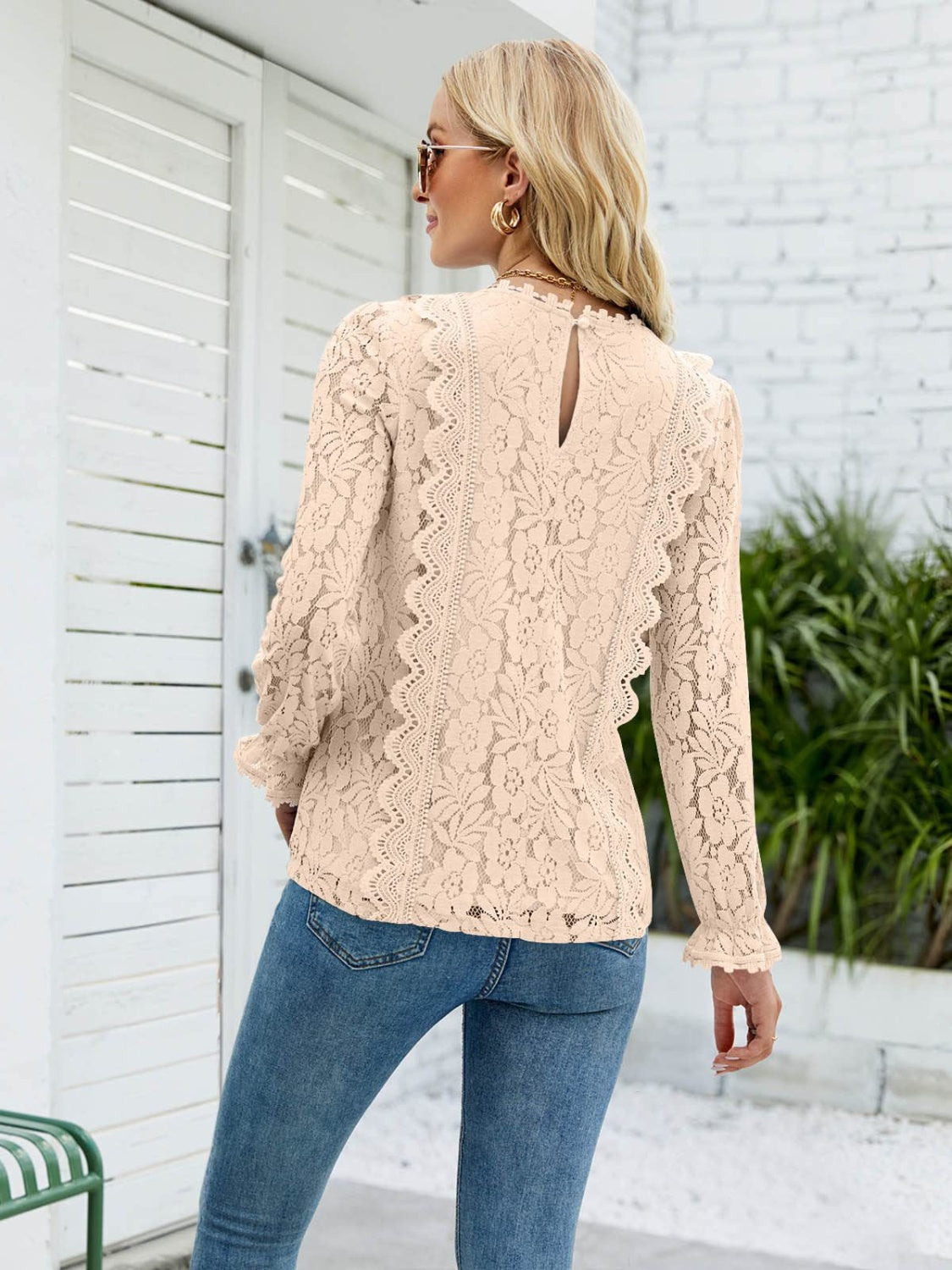 Lace V-Neck Flounce Sleeve Blouse - Tigbuls Variety Fashion