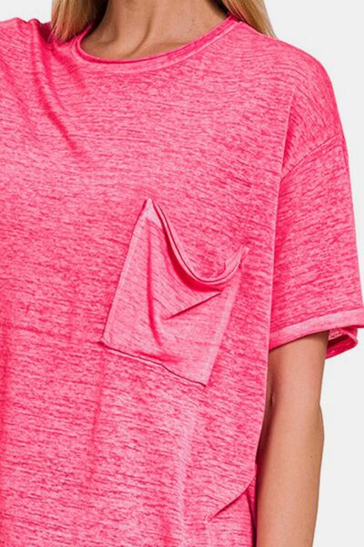 Fuchsia Pocketed Dropped Shoulder Short Sleeve T-Shirt | Tigbuls
