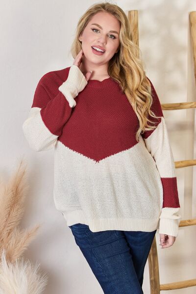 Hailey & Co Full Size Color Block Dropped Shoulder Knit Top - Tigbuls Variety Fashion