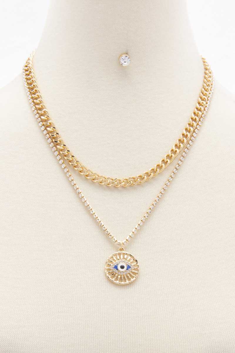 Gold layered rhinestone necklace with evil-eye charm and matching chain