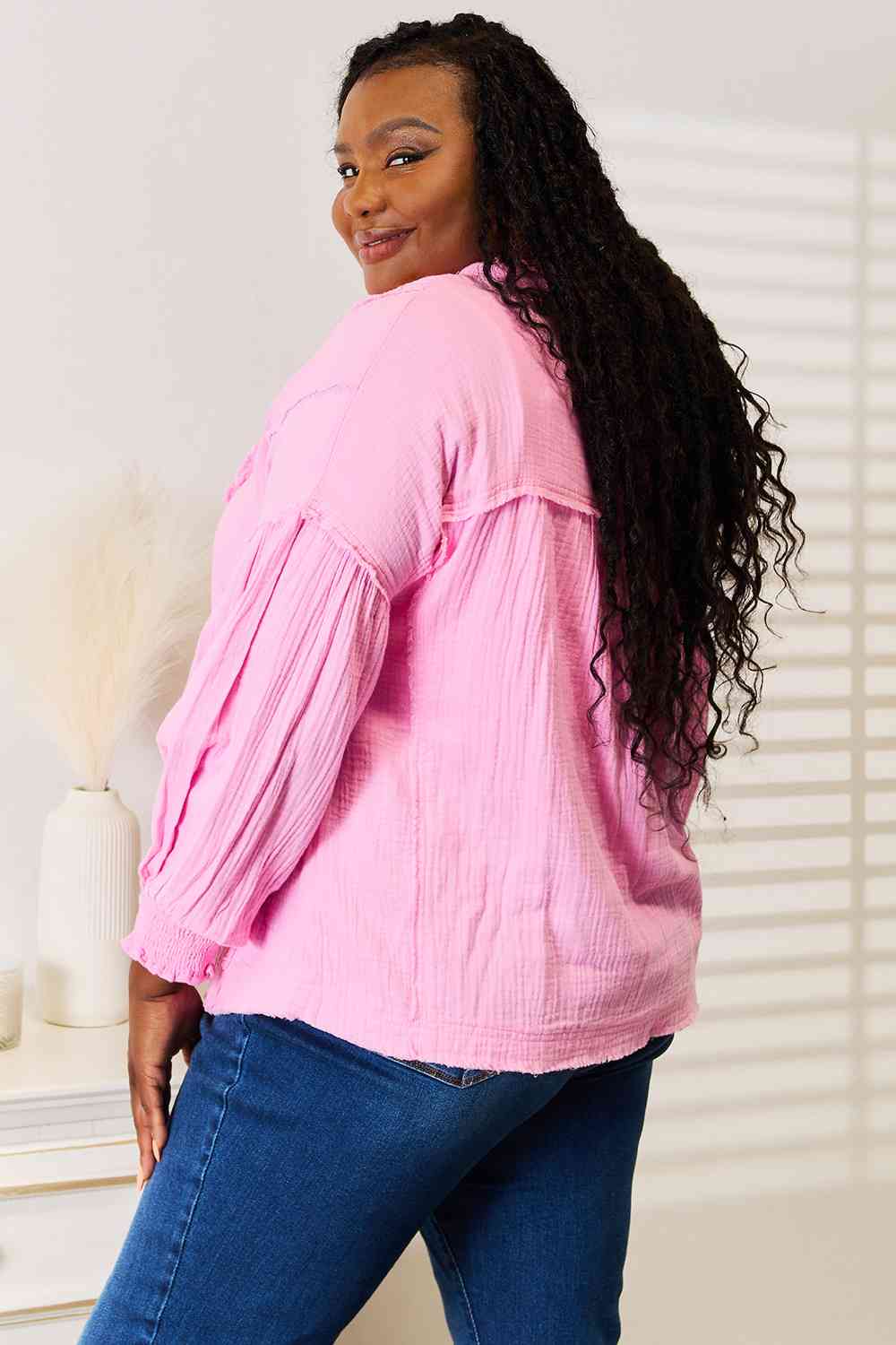 Pink Exposed Seam Buttoned Notched Neck Blouse - Tigbuls Variety Fashion