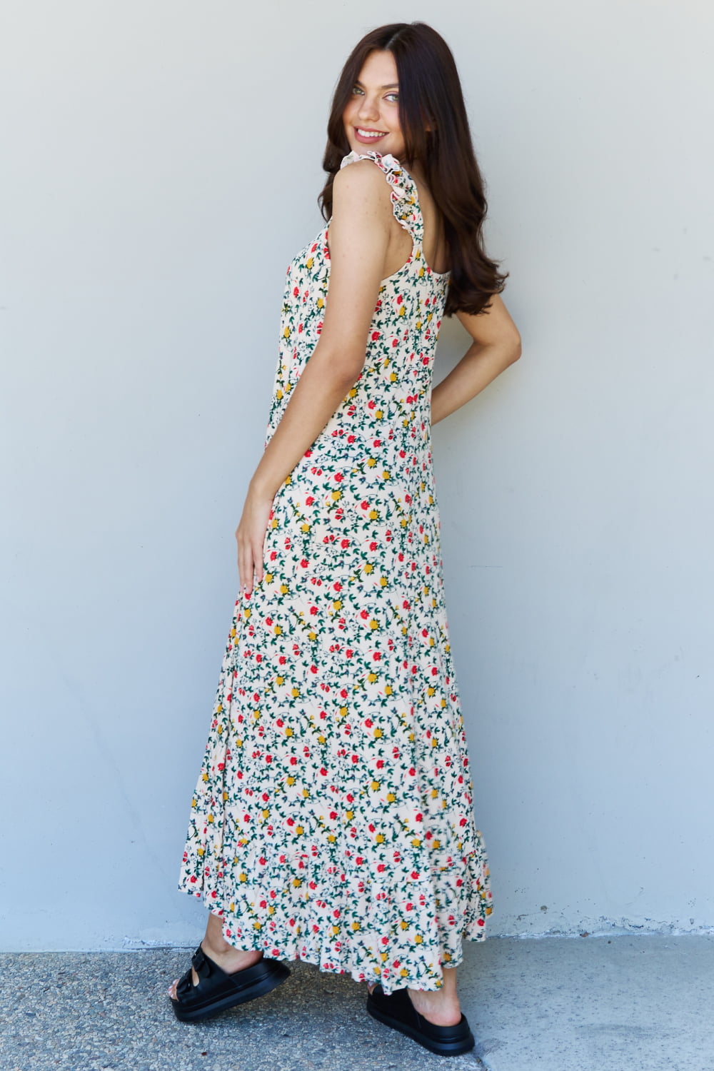Doublju In The Garden Ruffle Floral Maxi Dress in Natural Rose - Tigbul's Fashion