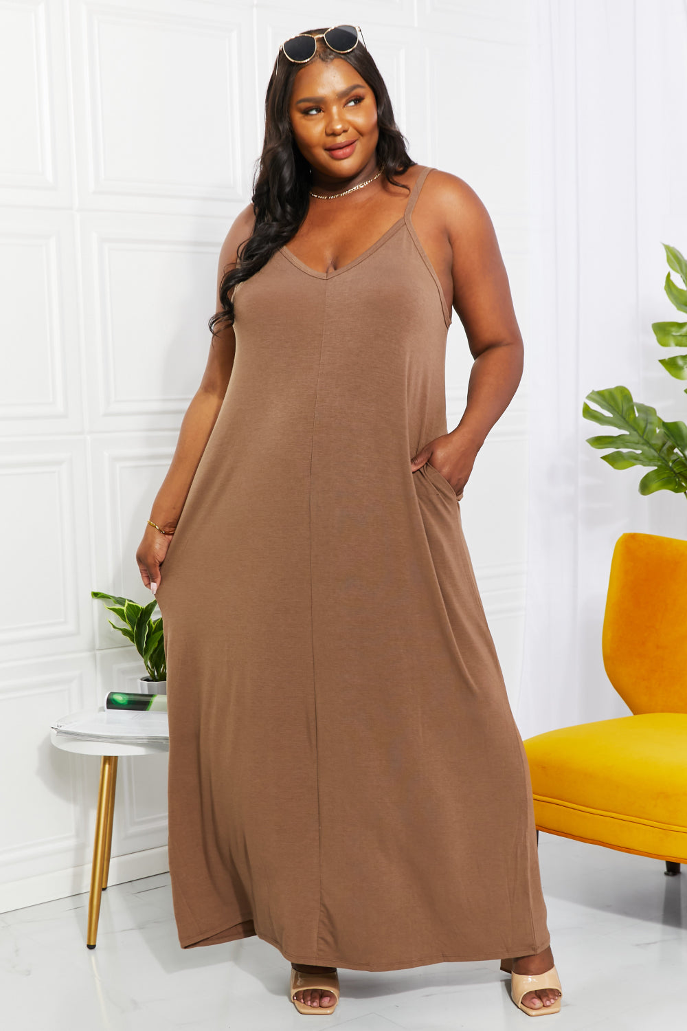 Zenana Full Size Beach Vibes Cami Maxi Dress in Mocha - Tigbul's Fashion