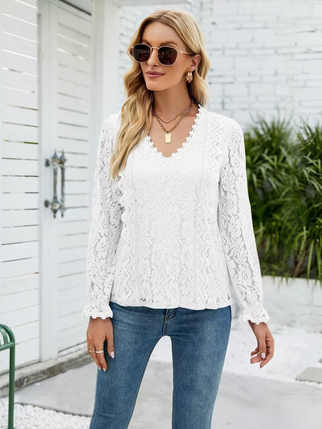 Lace V-Neck Flounce Sleeve Blouse - Tigbuls Variety Fashion