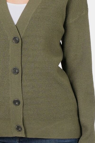 Olive Button Up V-Neck Dropped Shoulder Cardigan - Tigbuls Variety Fashion